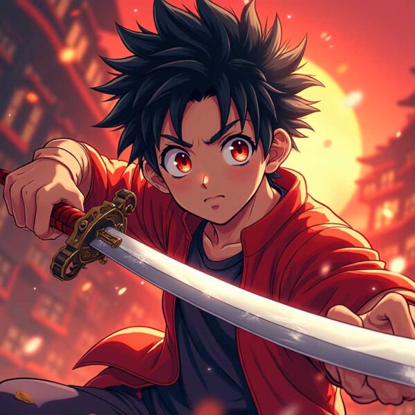 Anime warrior boy with sword in fiery stance at sunset near temple
