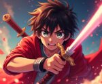 Anime boy with glowing sword charging into battle under a vibrant sky
