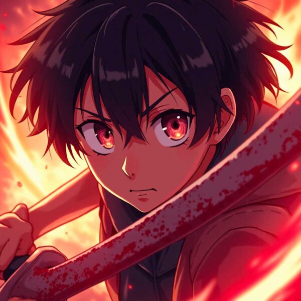 Anime boy with red eyes wielding a fiery sword in a blazing background
