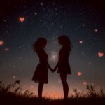 Silhouette of two women holding hands under a starry night sky, with heart-shaped sparkles, displayed in an energy-efficient LED Box Frame."