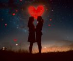 Romantic couple silhouette with heart-shaped glow under a starry sky, framed in an eco-lit LED Box Frame with customizable lighting.