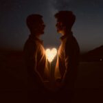 Romantic couple holding heart-shaped light in an eco-lit LED Box Frame with customizable lighting and a starry sky backdrop.