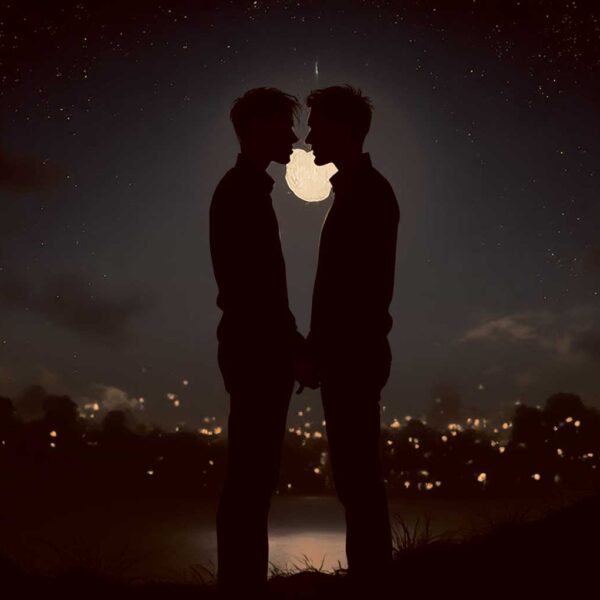 Romantic couple silhouette with moon and starry sky in an energy-efficient LED Box Frame with customizable lighting."