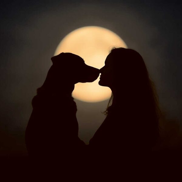 Silhouette of a couple kissing with a dog at their side under a full moon, displayed in an eco-friendly LED Box Frame with customizable lighting.