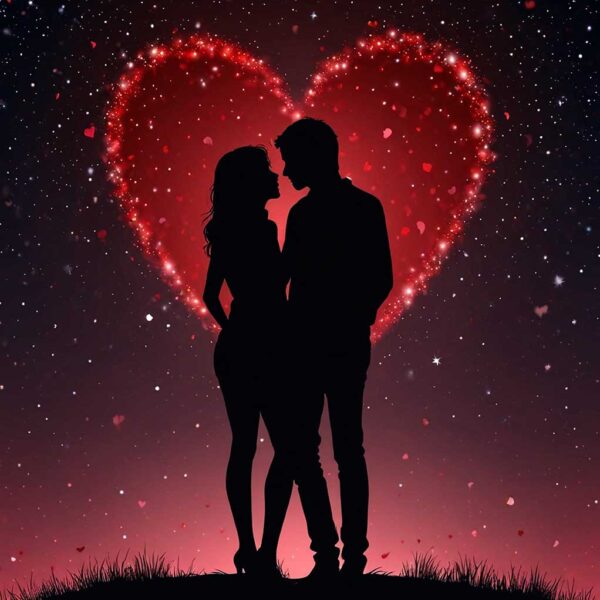 Romantic couple silhouetted against a heart-shaped fireworks display, captured in a customizable LED Box Frame with energy-efficient lighting