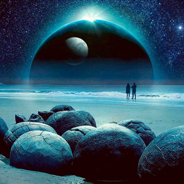 Sci-fi themed space scene with two figures gazing at planets, framed in an energy-efficient LED Box Frame to enhance modern home decor.