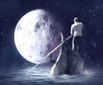 A person rowing a gondola under a full moon, captured in stunning detail with an eco-lit LED Box Frame.