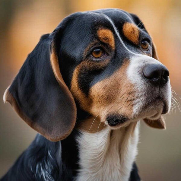 Close-up of a beagle with expressive brown eyes and a soft, tri-colored coat, looking off into the distance