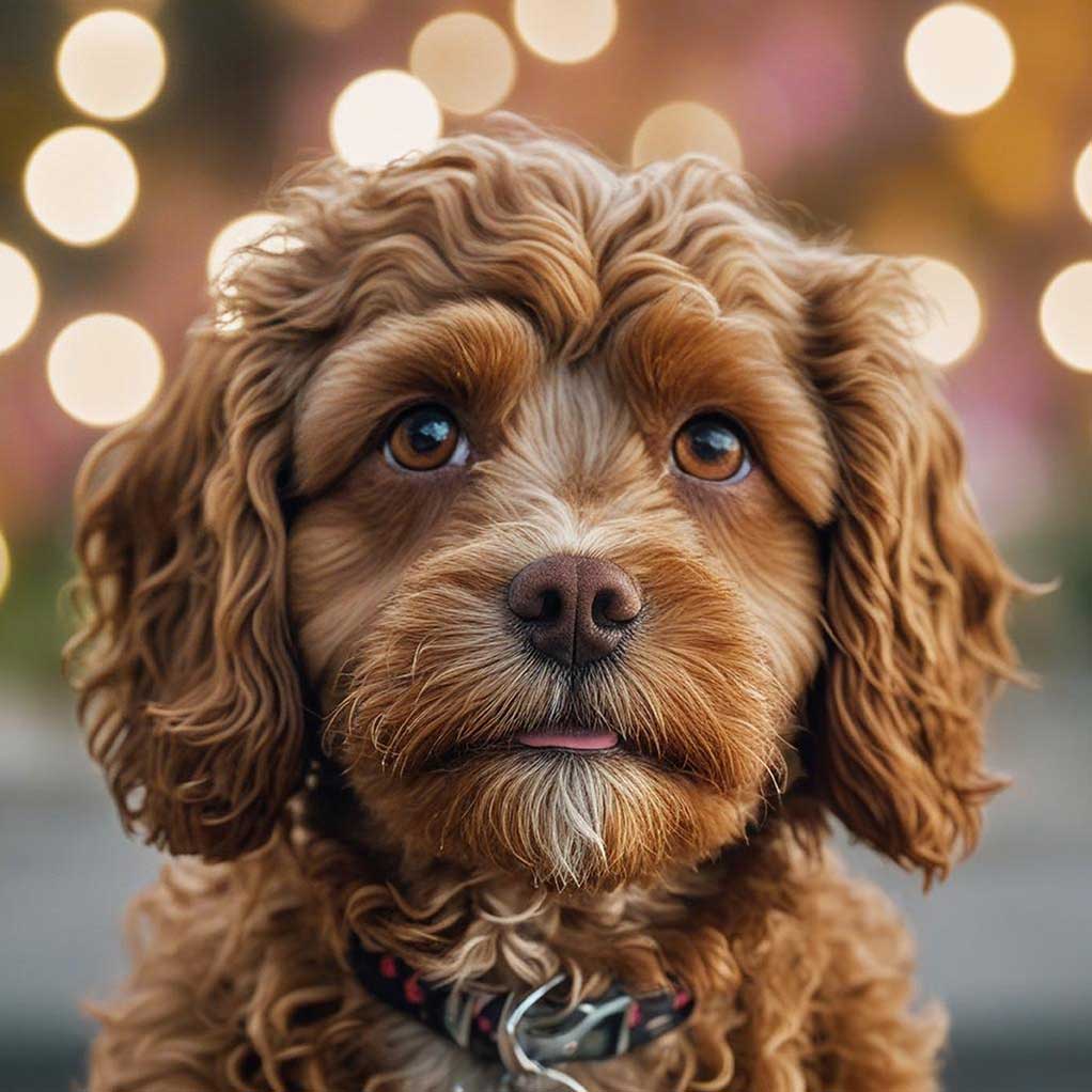 A cute Cavapoo puppy with fluffy fur, gazing into the camera, showcased in an energy-efficient LED frame for modern decor.