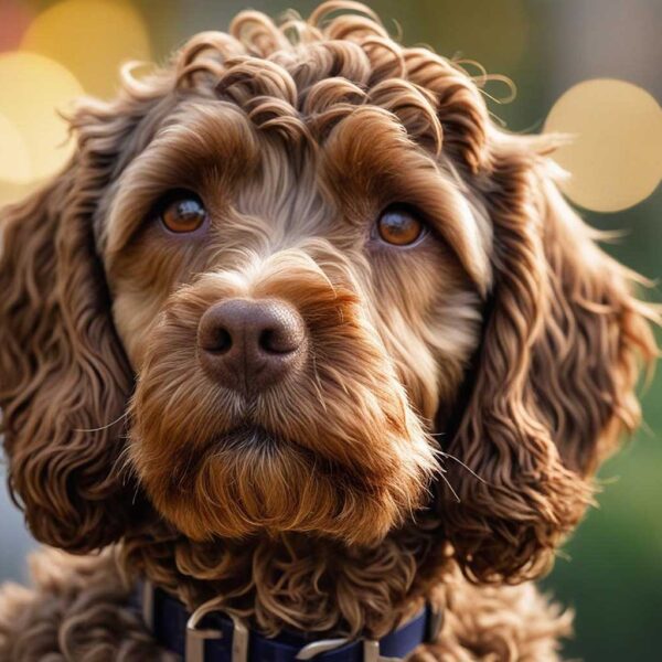 A close-up of a curly-haired Cockerpoo with bokeh lighting, beautifully displayed in an eco-friendly LED Box Frame, offering customizable lighting to enhance its charm.