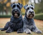 A portrait of two Giant Schnauzers displayed in an eco-friendly LED Box Frame, showcasing their strong features and fluffy coats with energy-efficient lighting.