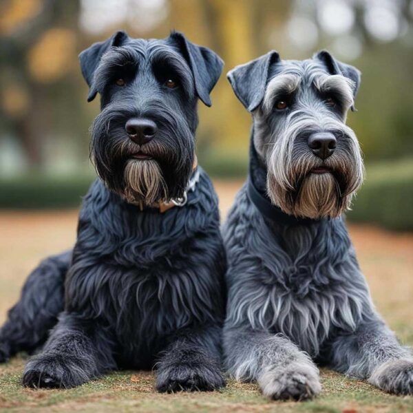A portrait of two Giant Schnauzers displayed in an eco-friendly LED Box Frame, showcasing their strong features and fluffy coats with energy-efficient lighting.