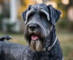 A close-up of a Giant Schnauzer captured in nature, beautifully displayed in an energy-efficient LED Box Frame, showcasing its impressive features and fluffy coat.