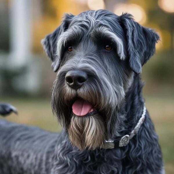 A close-up of a Giant Schnauzer captured in nature, beautifully displayed in an energy-efficient LED Box Frame, showcasing its impressive features and fluffy coat.