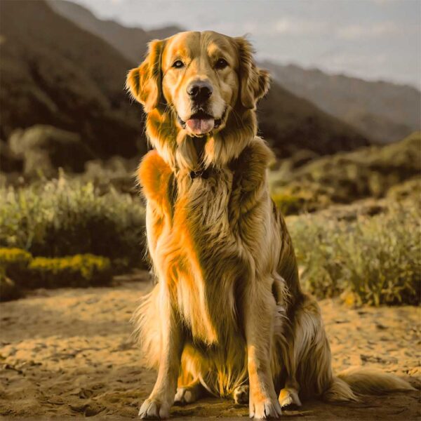 A close-up of a Golden Retriever dog sitting outdoors, captured in an energy-efficient LED Box Frame, highlighting its gentle expression and golden fur in an eco-lit display.