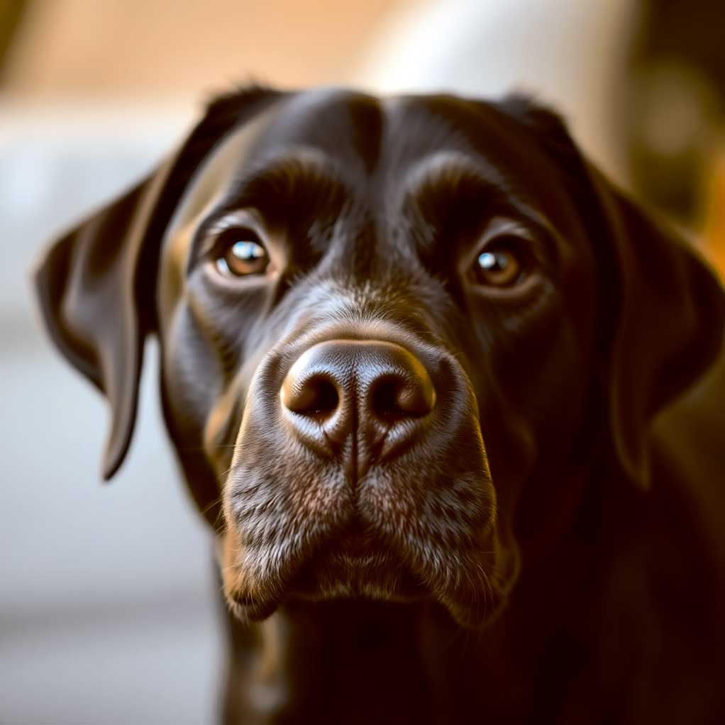 Close-up of a Labrador dog, displayed in an eco-friendly LED Box Frame, designed for customizable lighting and sensory relaxation.
