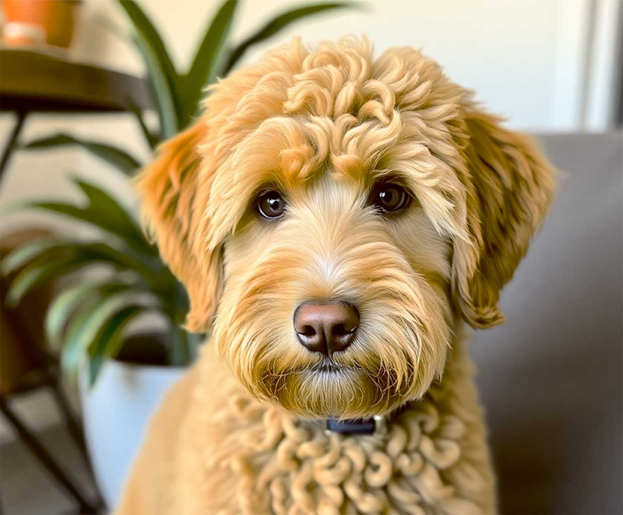 Adorable Labradoodle puppy with curly fur, framed in an eco-friendly LED Box Frame that enhances any modern home decor.