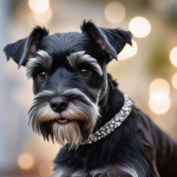 A close-up of a Schnauzer dog with expressive eyes and a sparkling collar, displayed in an eco-lit LED Box Frame to enhance the pet's beauty with energy-efficient lighting.