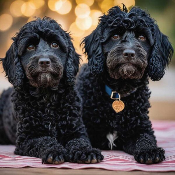 Two adorable black Cockerpoos with curly fur, captured beautifully and displayed in an eco-friendly LED Box Frame, with customizable lighting for a glowing effect.