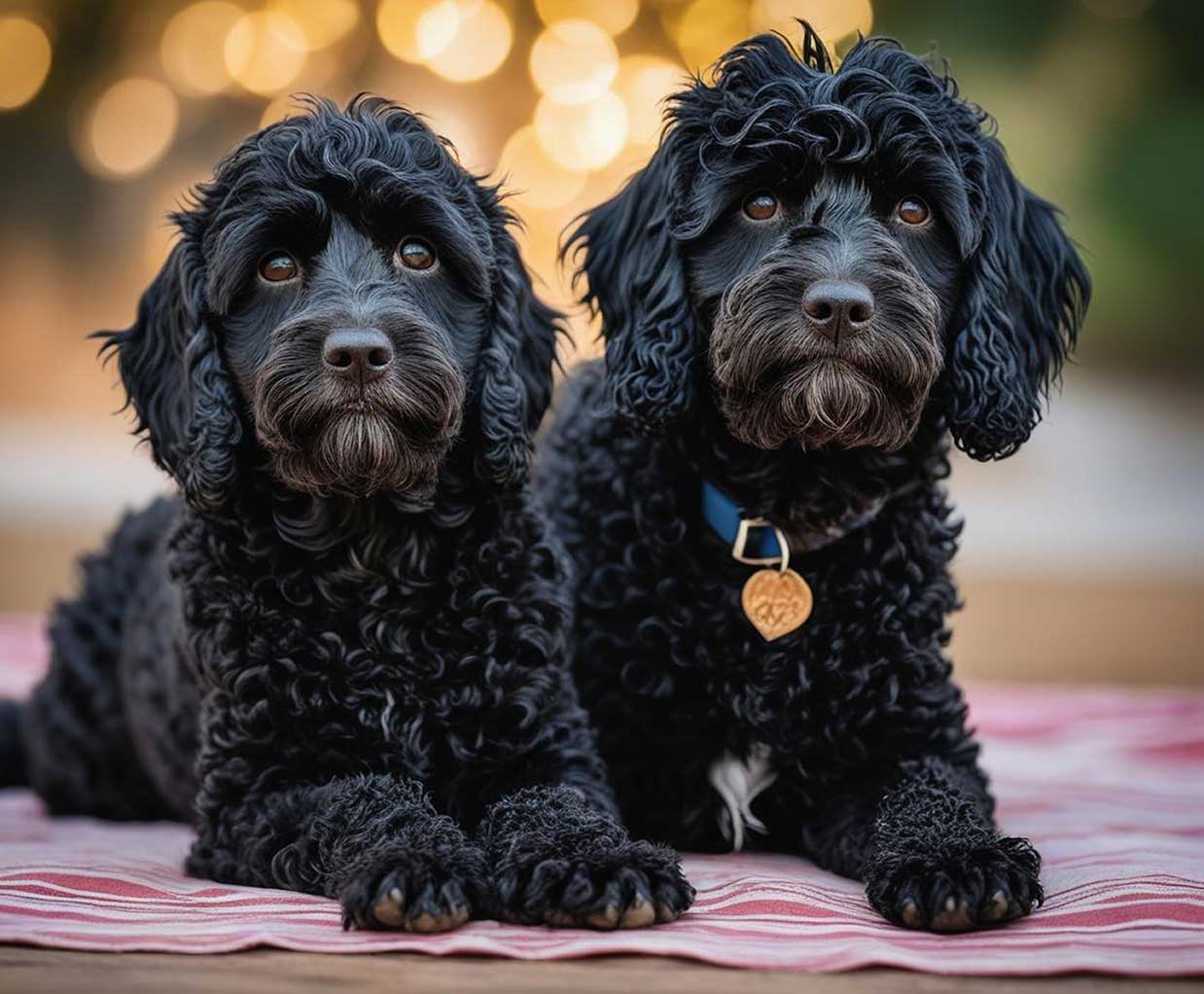 Two black Cockerpoos with curly fur, captured in a serene pose, displayed in an eco-friendly LED Box Frame with adjustable lighting for an enhanced visual appeal.