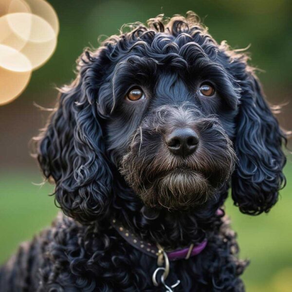 A close-up portrait of a curly-haired Cockerpoo with a blurred background, highlighted in an eco-friendly LED Box Frame to showcase its beauty.