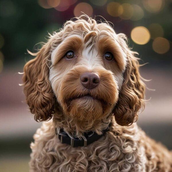 A close-up portrait of a Cockerpoo with curly fur, captured beautifully and enhanced with an energy-efficient LED Box Frame for a customizable, eco-lit display.